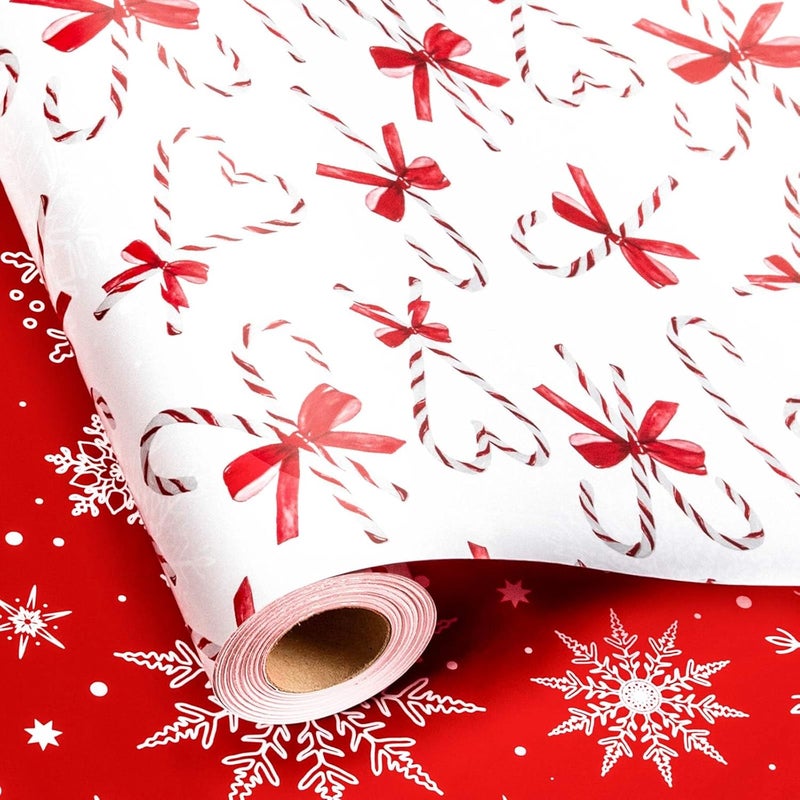 Retrify Christmas Wrapping Paper - Red White Candy Cane with Bow Snowflake Pattern Gift Wrap Paper for Holiday Shower Party Celebration - 17 Inch x 32.8 Feet Mini Roll - Image 1